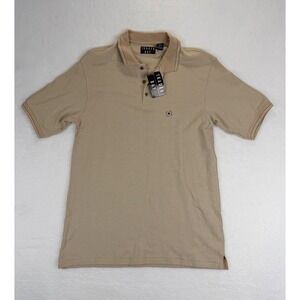 Trader Bay Mens Tan Micro Check Cotton Polo Shirt Short Sleeve Size M NWT
